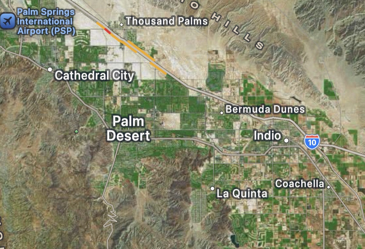 Map of the Coachella Valley showing La Quinta, Palm Desert, Cathedral City, Indio, and Bermuda Dunes